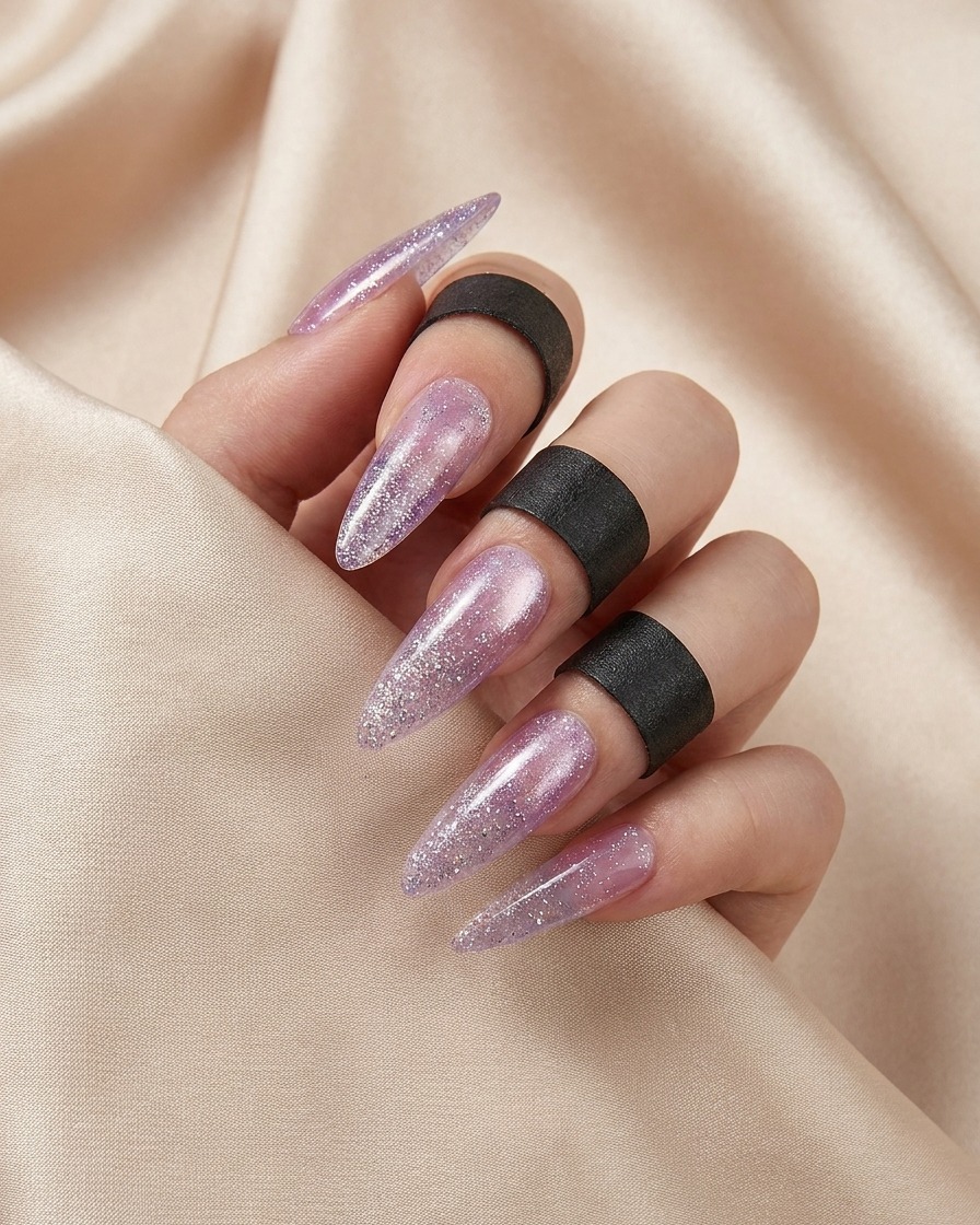 Eine Hand mit frisch aufgetragenem Cat-Eye-Nagellack in einer professionellen UV/LED-Nagellampe.
