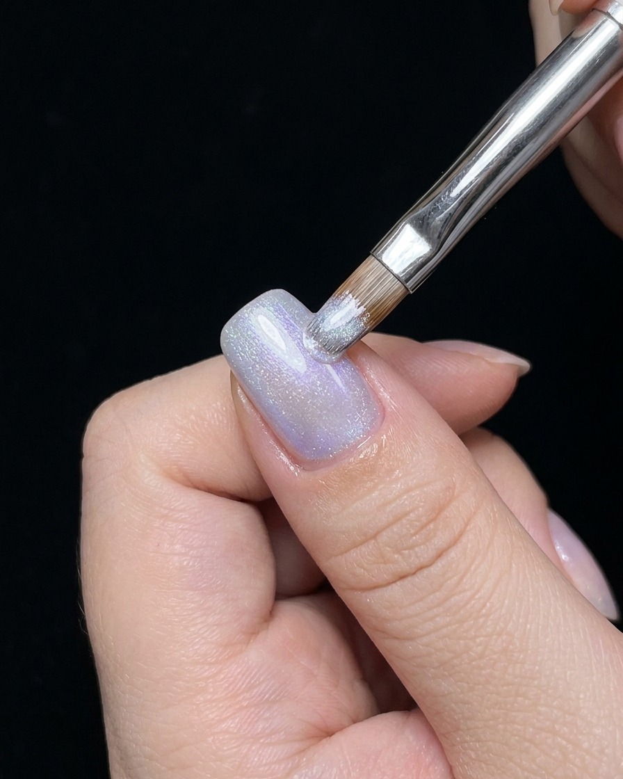 Nahaufnahme einer Hand in einer UV/LED-Nagellampe, während das Licht die Nägel aushärtet.