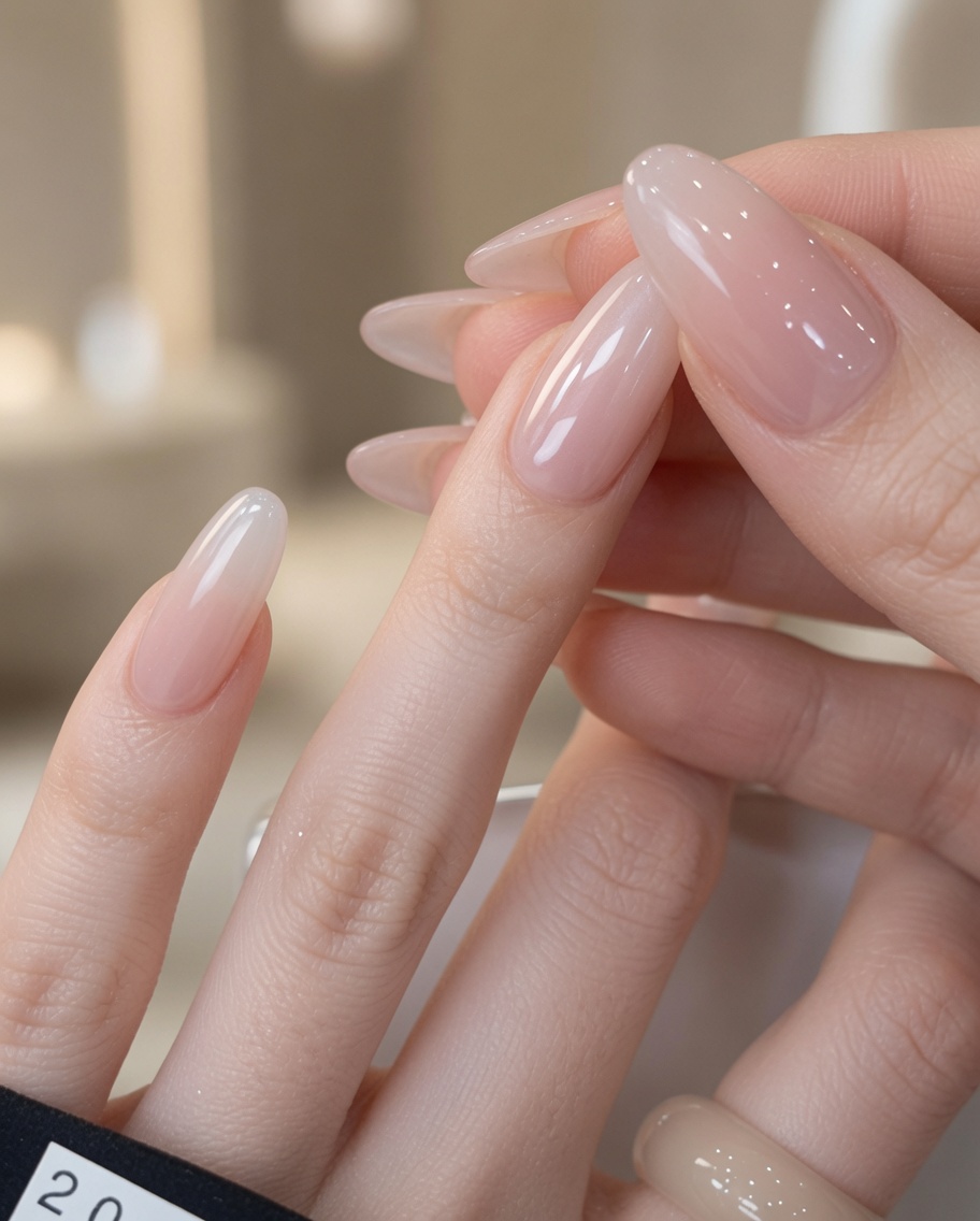 Ein Pinsel, der das milchig-weiße Gel von der Nagelspitze zur Mitte des Nagelbetts verblendet.