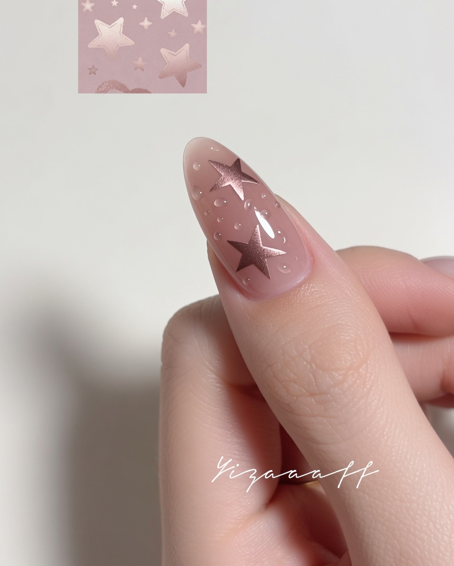 Nahaufnahme eines Nagelhautschiebers aus Metall, der vorsichtig einen metallischen Stern-Aufkleber auf einer Nageloberfläche platziert.