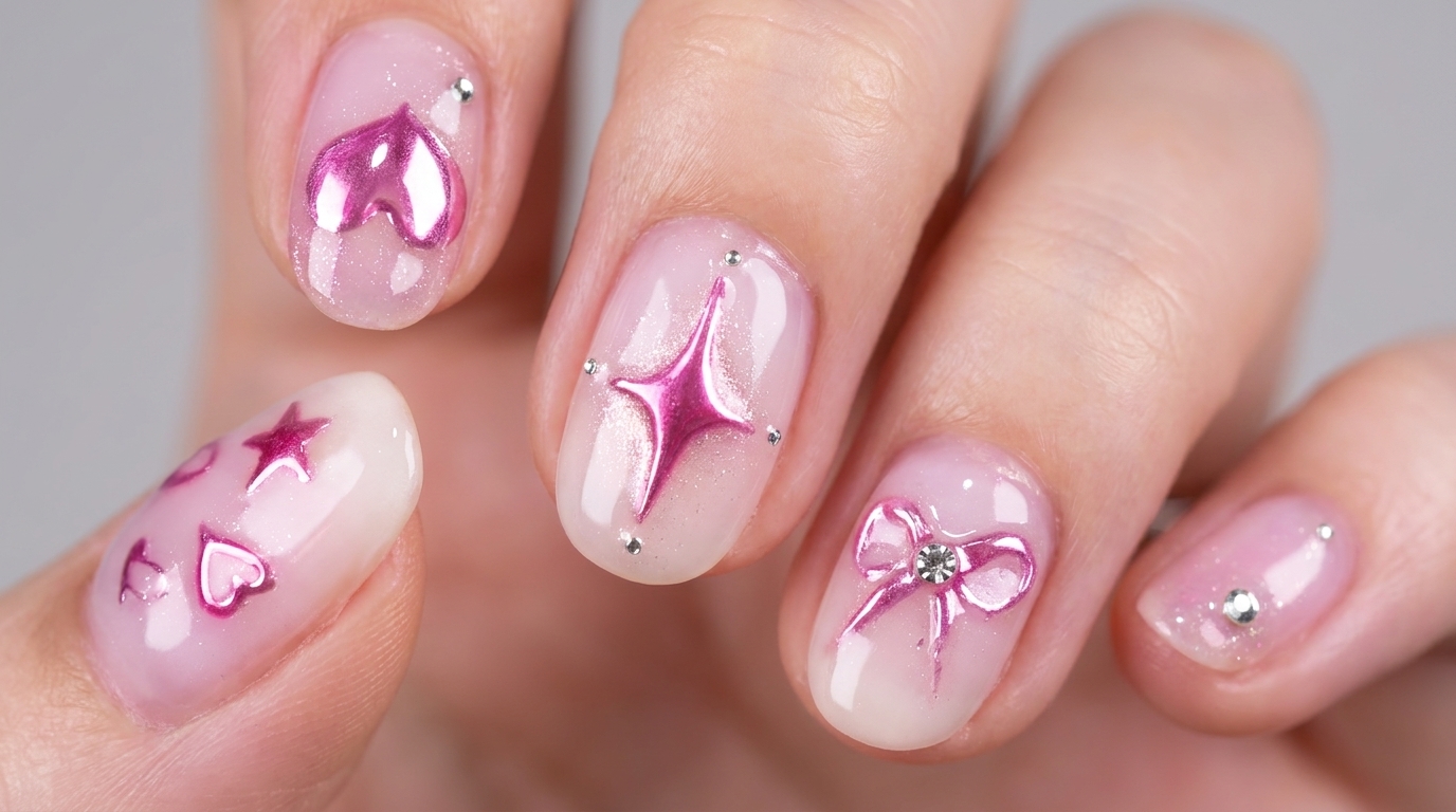 Rosa Chrome Herzen und Sterne — Gel Nail Art Tutorial
