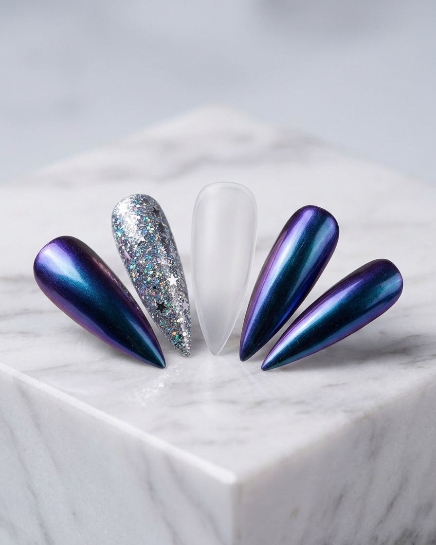 Seitenansicht eines Fingers in einer UV/LED-Lampe mit violettem Licht.