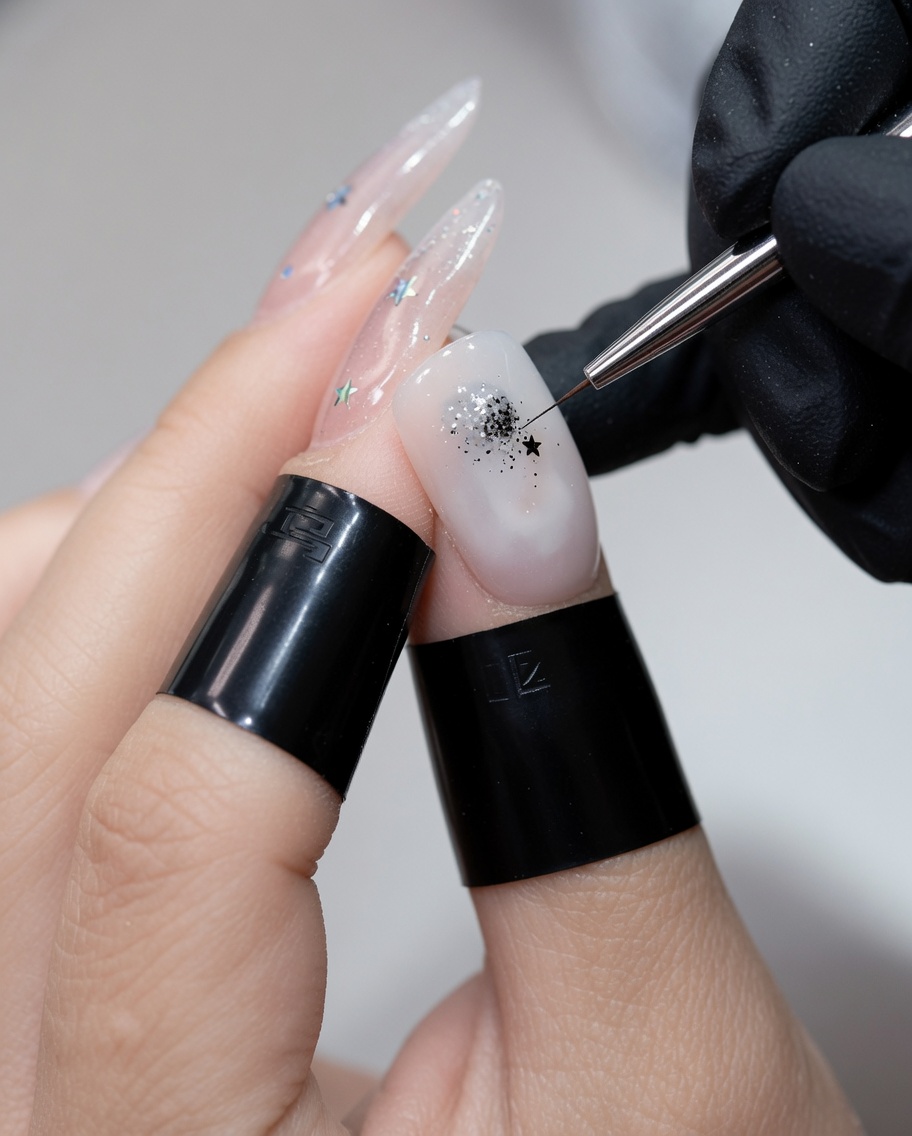 Ein Liner-Pinsel platziert winzige silberne Sternchen auf einen hellen Nagel.