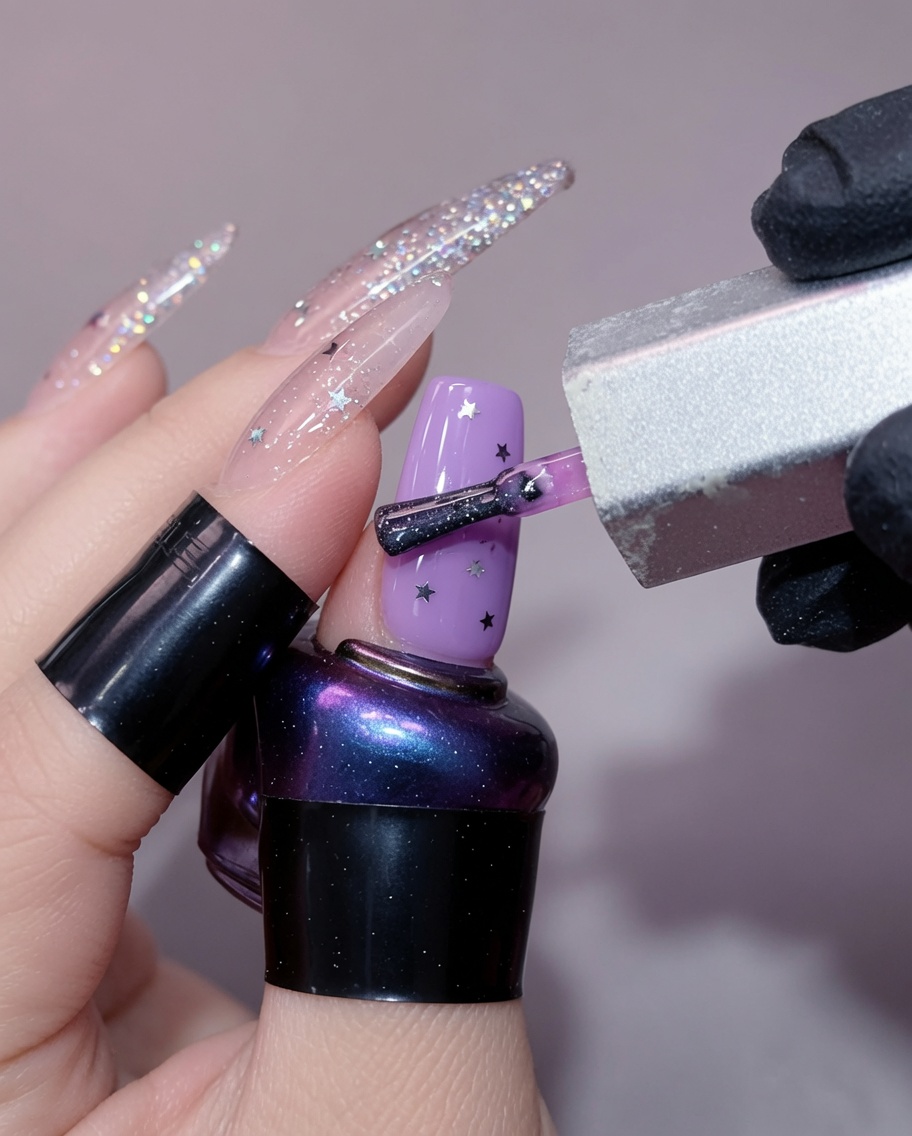 Eine Hand entfernt mit einer Zellette die klebrige Schicht von einem glänzenden Nagel.