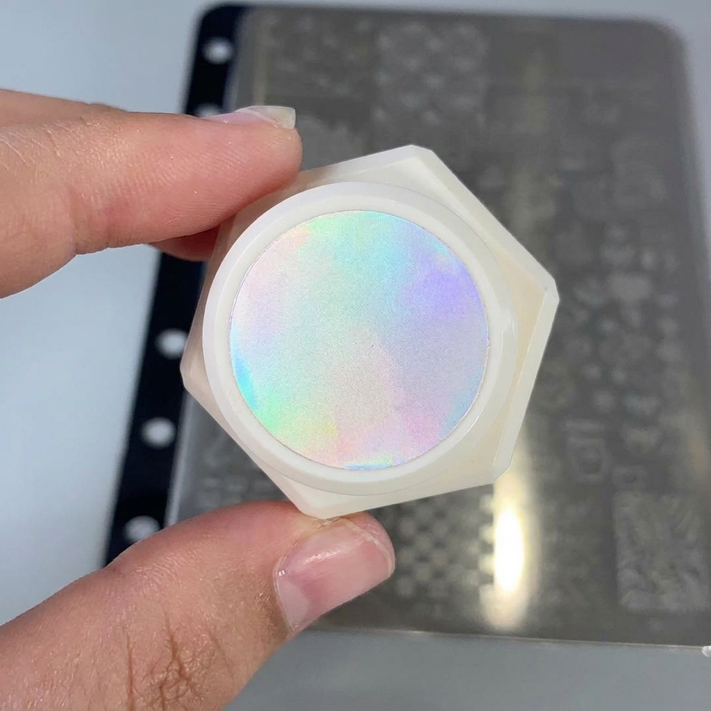 Ein Pinsel trägt weißes Gel auf ein Sternenmuster auf einer Metallschablone auf.