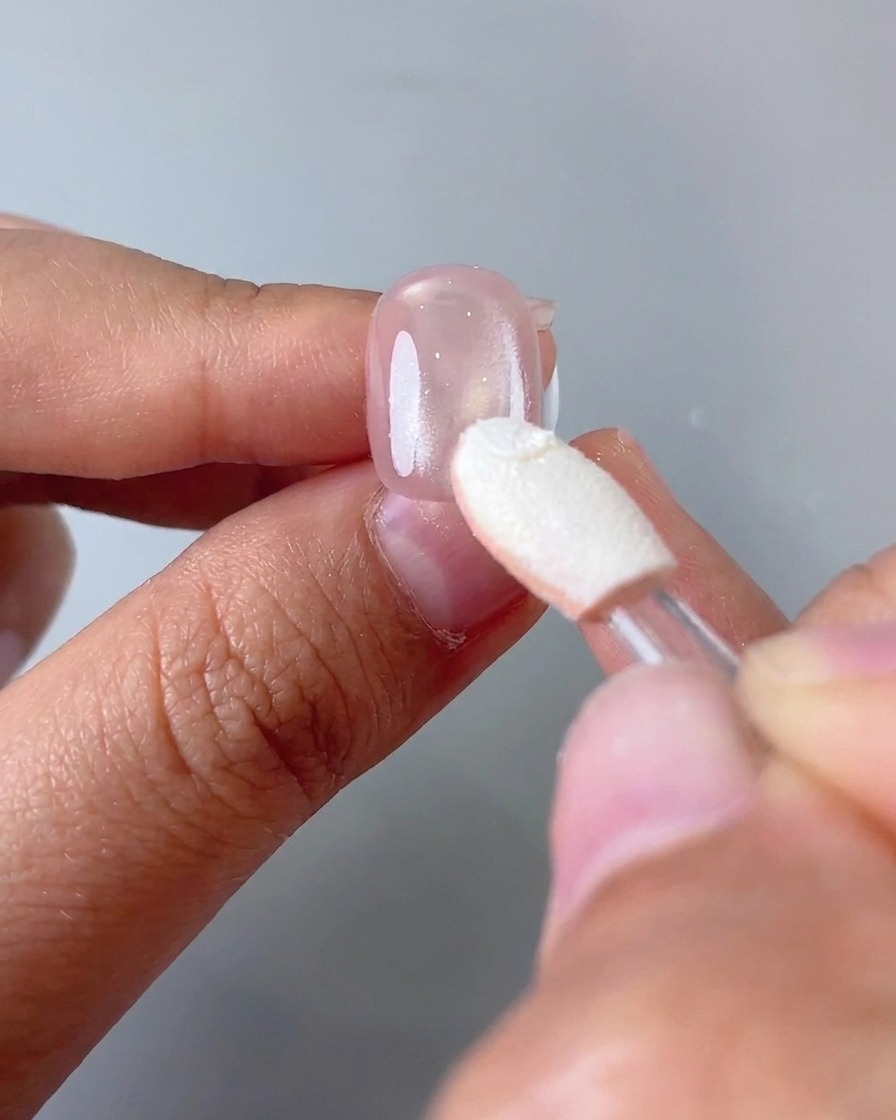 Ein Lidschatten-Schwammapplikator reibt silbernes Spiegelpuder auf das untere Zweidrittel eines rosa Nagels.