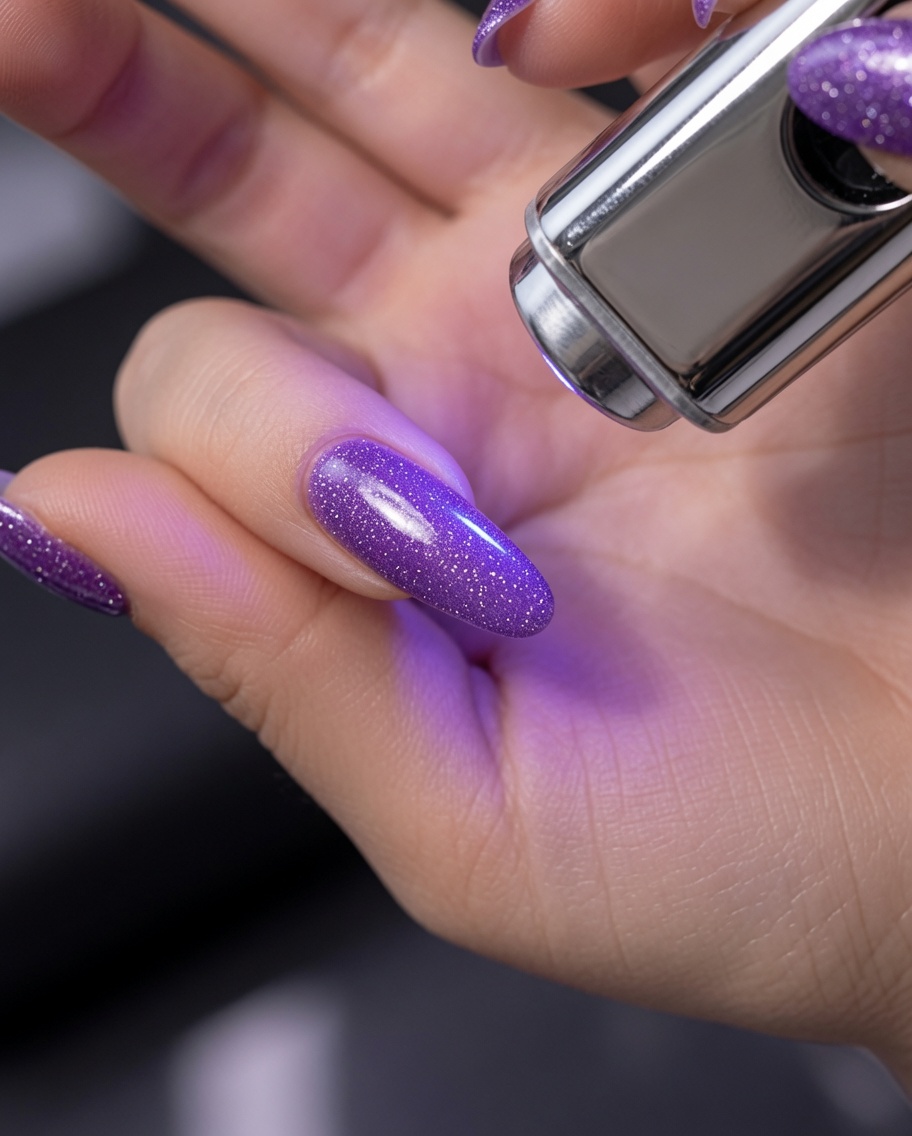 Eine Schicht weißes Cat-Eye-Gel wird auf die Nageloberfläche aufgetragen.