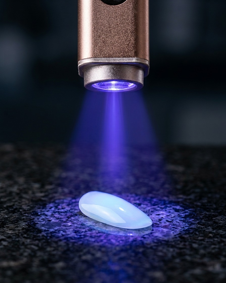 Ein einzelner Fingernagel wird unter einer tragbaren UV-Lampe ausgehärtet.
