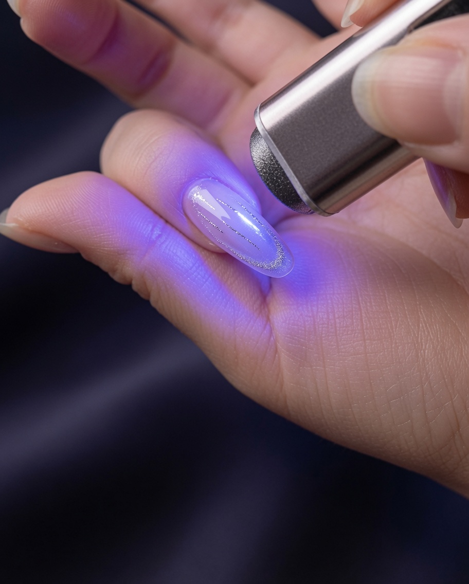 Eine Hand-UV-Lampe härtet die silbernen Linien auf dem Nagel aus.