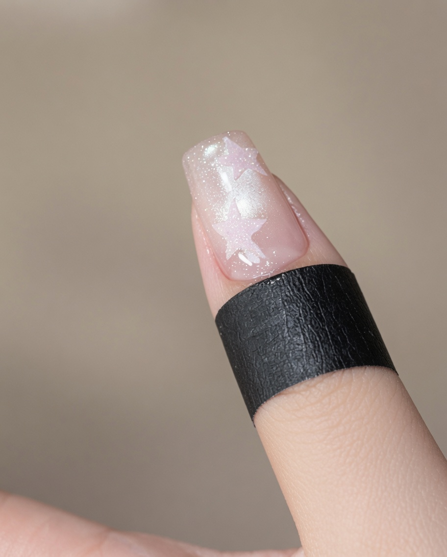 Ein Finger liegt unter einer kleinen, tragbaren LED-Lampe, um das Nagelprodukt auszuhärten.