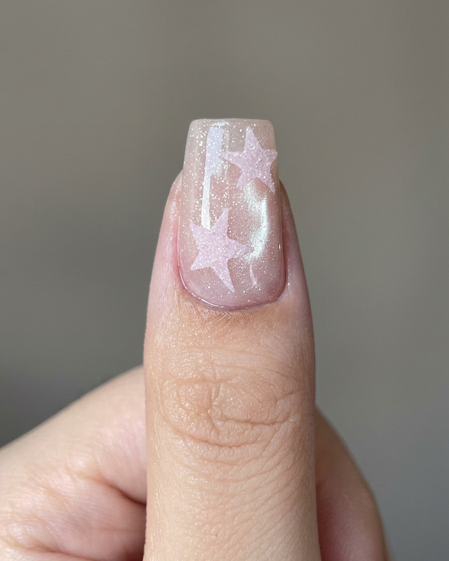 Ein Pinsel trägt eine klare Top-Coat-Schicht über ein rosa Sterndesign auf.