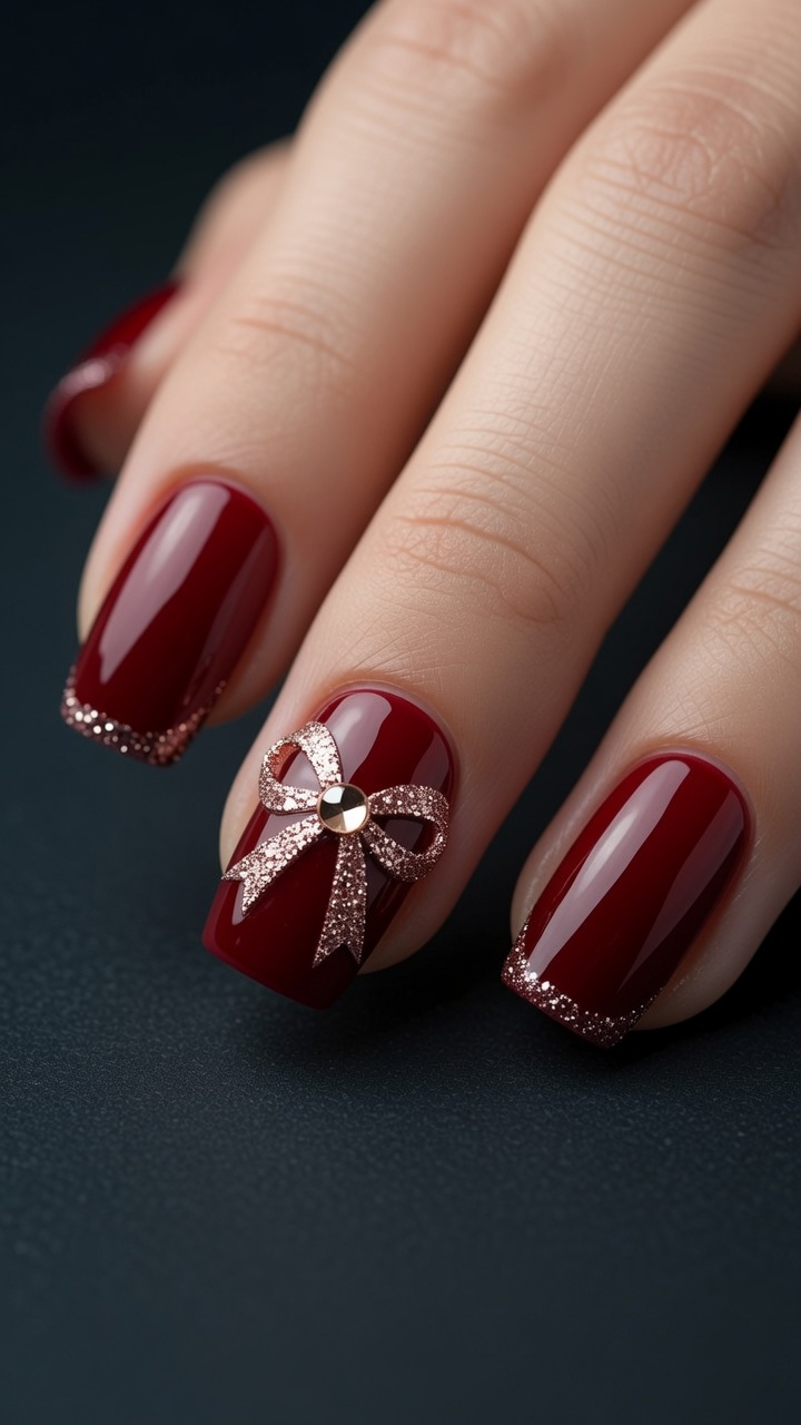 Dunkelrote Glitter-Schleifen Nägel – Elegante Maniküre für die Feiertage