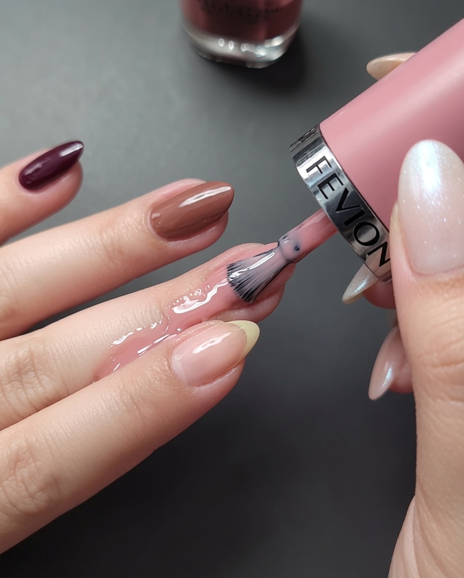 Nahaufnahme beim Auftragen von rosenfarbenem Nagellack auf den Zeigefinger.