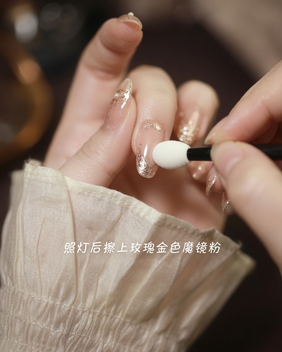 Nahaufnahme eines Nagels, bei dem roségoldenes Chrom-Puder mit einem kleinen Lidschatten-Applikator auf die texturierten Bereiche aufgetragen wird.