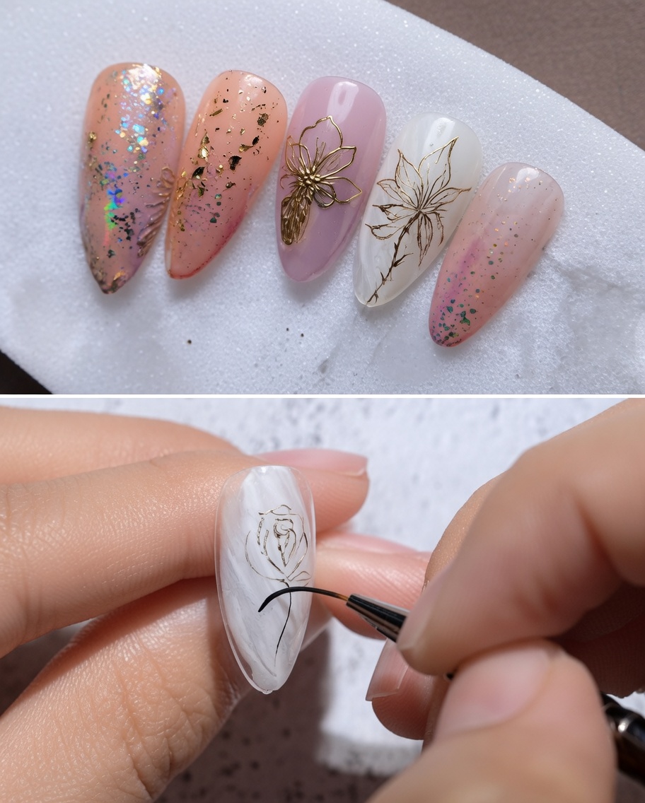 Nahaufnahme eines Liner-Pinsels, der eine dünne, geschwungene Goldlinie als Stängel unter der Rose zeichnet.