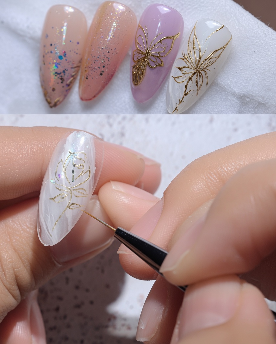 Nahaufnahme einer Hand, die mit einem feinen Pinsel Goldgel als Blatt auf einer weißen Nagelbasis aufträgt.