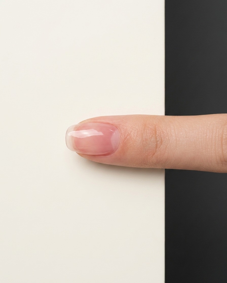 Nahaufnahme eines sauberen Naturnagels mit einer glänzenden Schicht klarem Base Coat.