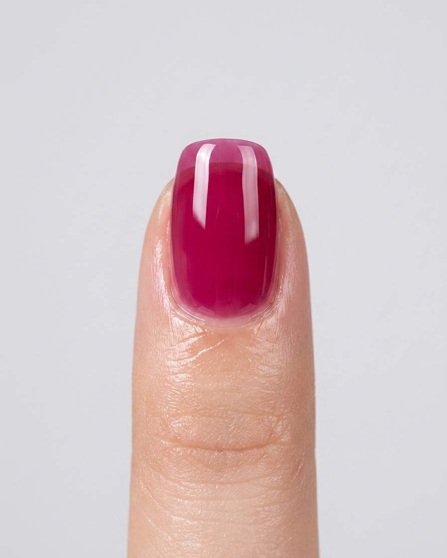 Nahaufnahme eines Fingernagels mit einer zweiten, etwas kräftigeren Schicht aus pinkem Jelly-Lack.