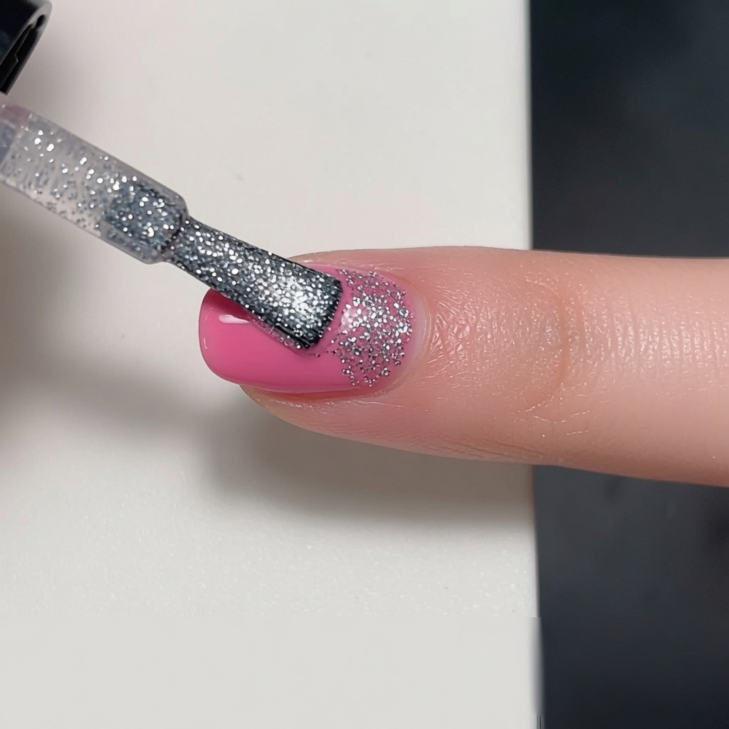 Ein Pinsel trägt eine Schicht dichten silbernen Glitzerlacks über einer pinken Gel-Basis auf einen Fingernagel auf.