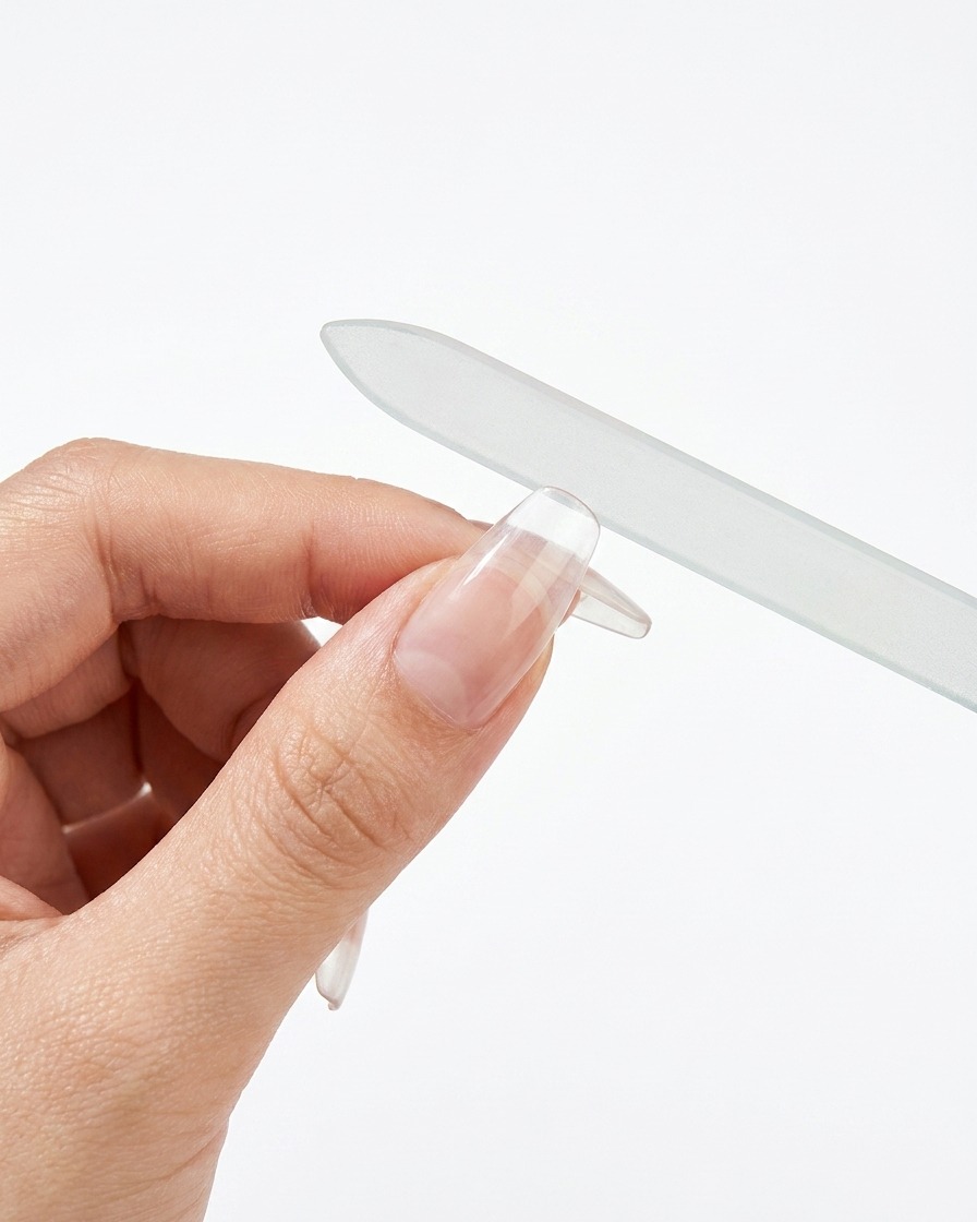 Eine Hand feilt die Kanten eines transparenten, abgerundeten Nageltips vorsichtig mit einer Glasnagelfeile.