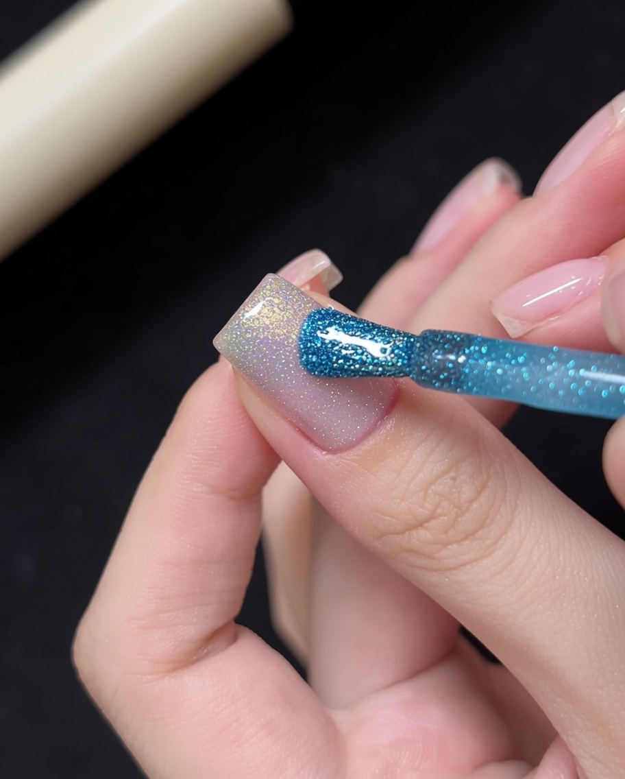 Verblenden des blauen Gels mit der Cat-Eye-Basis mit einem feinen Liner-Pinsel.