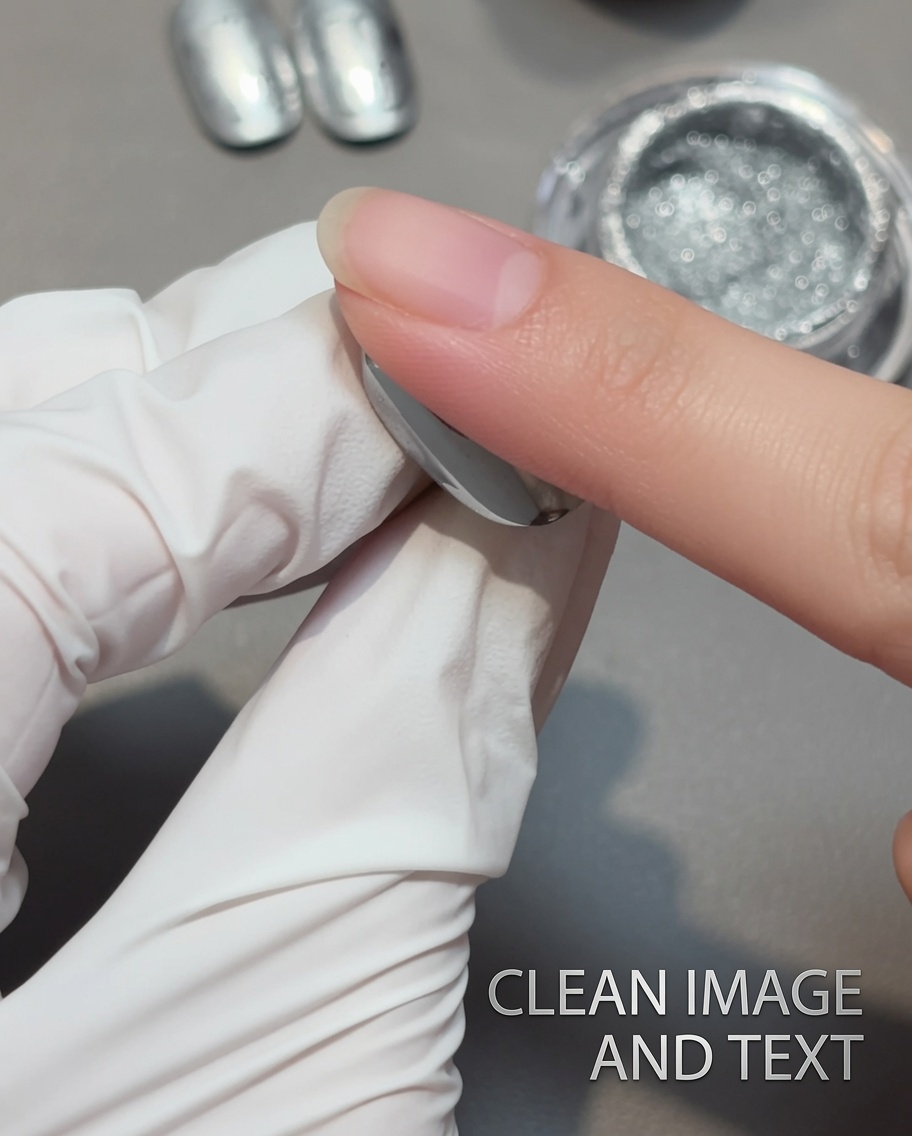 Ein Finger reibt silbernes Chrom-Puder auf einen schwarzen Nagel, wodurch ein metallisches Finish entsteht.