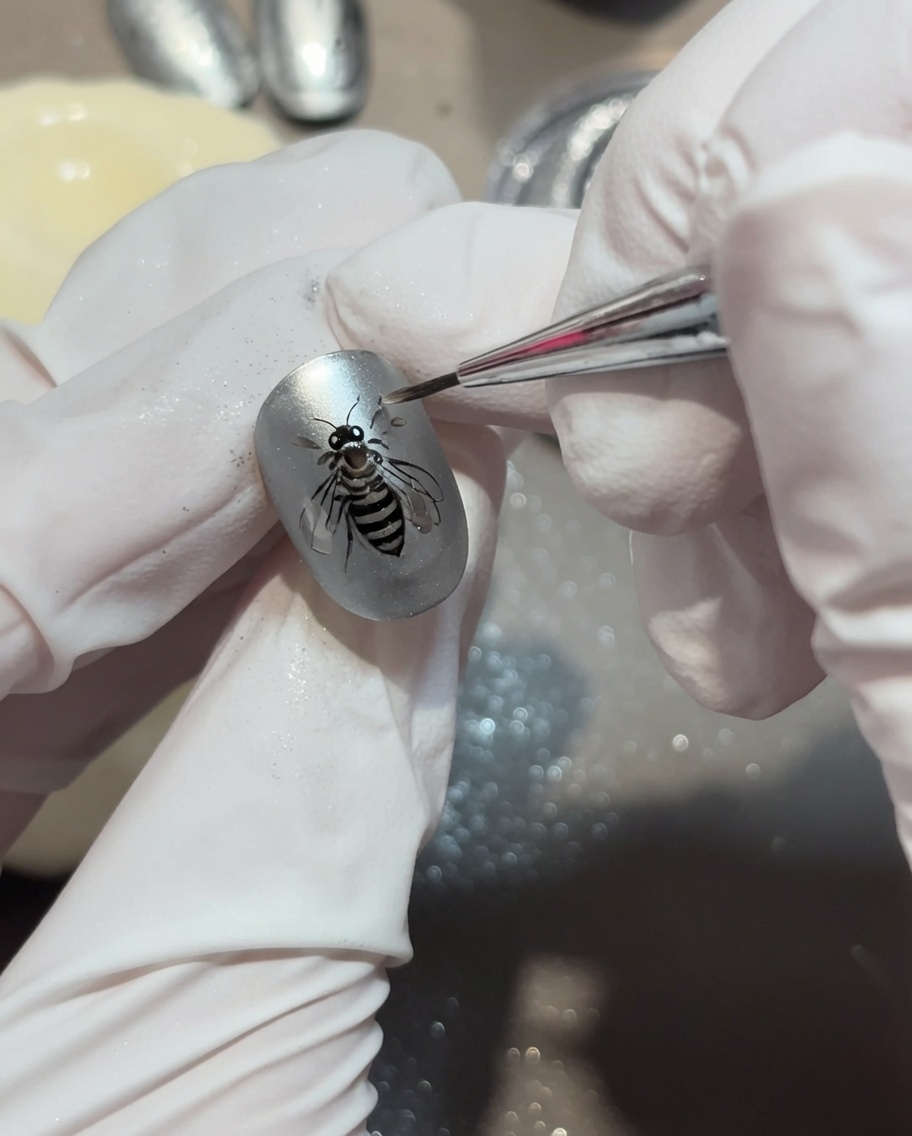 Nahaufnahme eines Liner-Pinsels, der kleine, abschließende Wassertropfen-Akzente um ein zentrales Wellen-Design auf einem matten Nagel setzt.