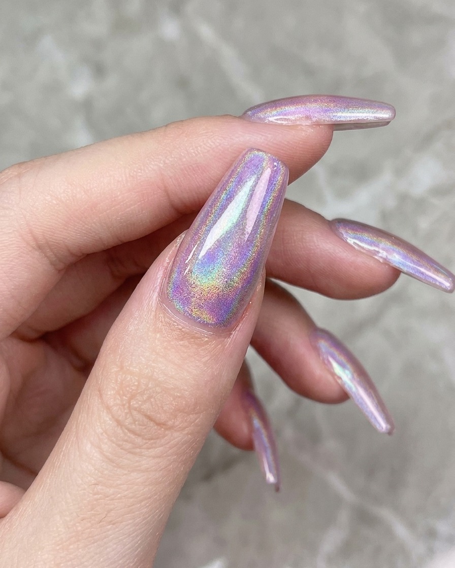 Ein Nagelpinsel trägt einen klaren Top Coat über den rosa lackierten Nagel auf.