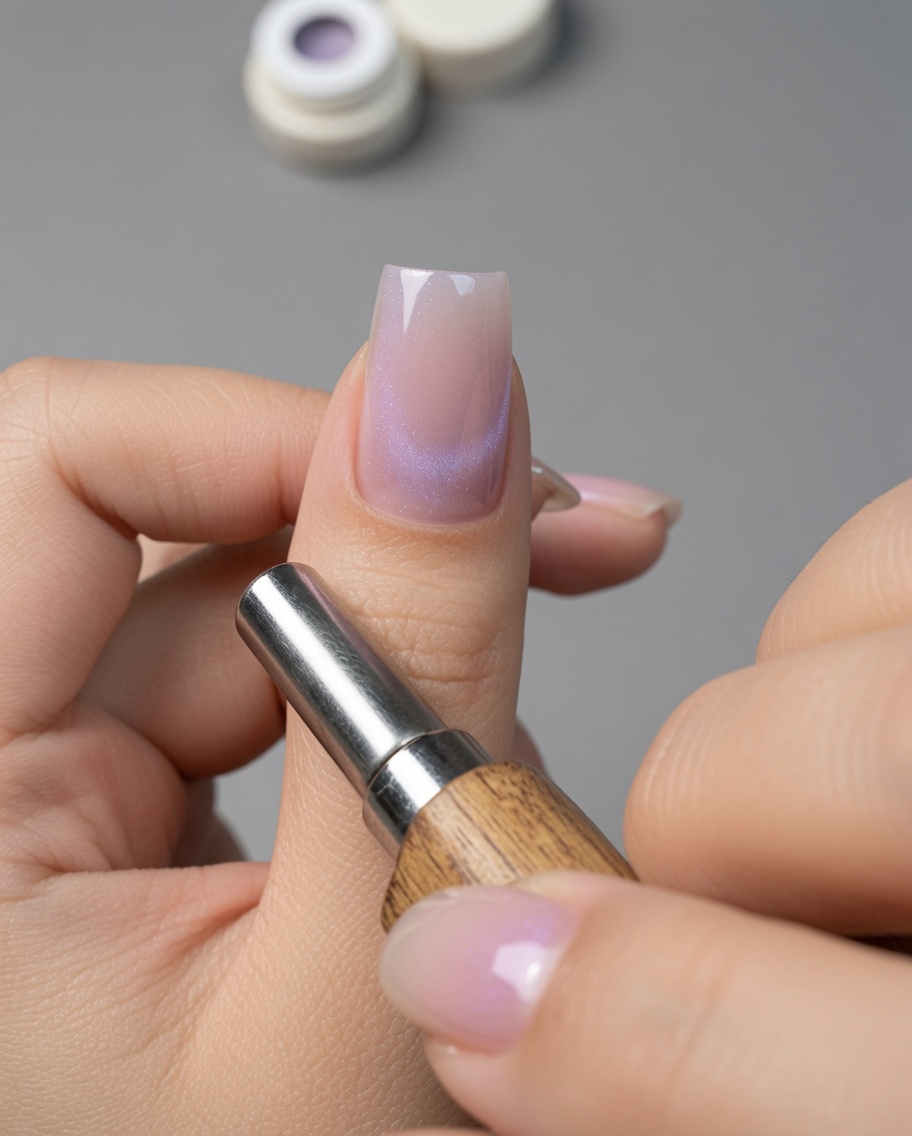 Ein zylindrischer Magnet wird verwendet, um den Cat-Eye-Schimmer auf der Nageloberfläche zu ziehen und zu konzentrieren.
