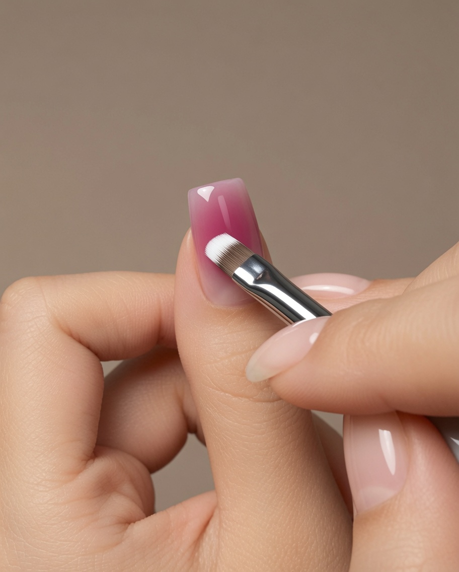 Ein abgeschrägter Pinsel malt zarte, geschwungene weiße Blütenblätter um die Mitte eines Gel-Nageldesigns.