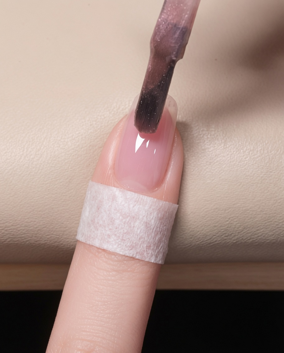 Nahaufnahme eines Pinsels, der eine dünne Schicht transparentes pinkes Cat-Eye-Gel auf einen vorbereiteten Naturnagel aufträgt.
