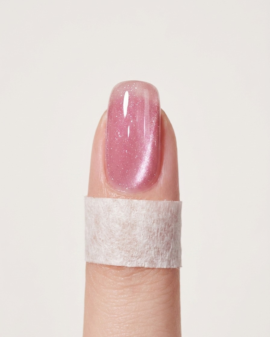 Ein Magnet-Tool wird nahe an einen feuchten, pink lackierten Nagel gehalten, wobei sich die metallischen Partikel verschieben und einen Cat-Eye-Effekt erzeugen.