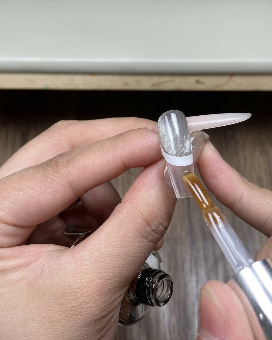 Pinsel, der klaren Hochglanz-Top-Coat auf den freien Nagelbereich entlang des Aufklebers aufträgt.