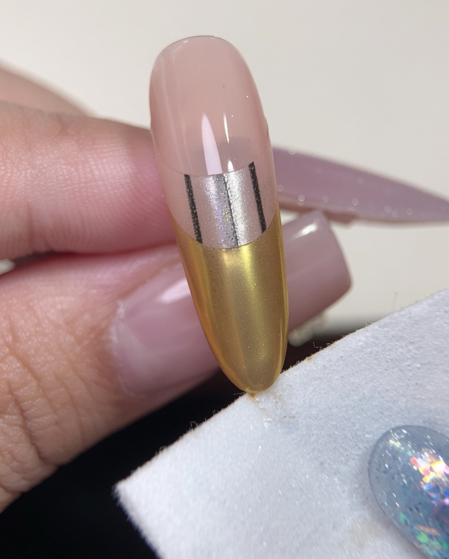 Eine Nahaufnahme einer fusselfreien Zellette, die die Seiten und die Spitze eines Nagels mit goldenem Chrome-French-Design reinigt.