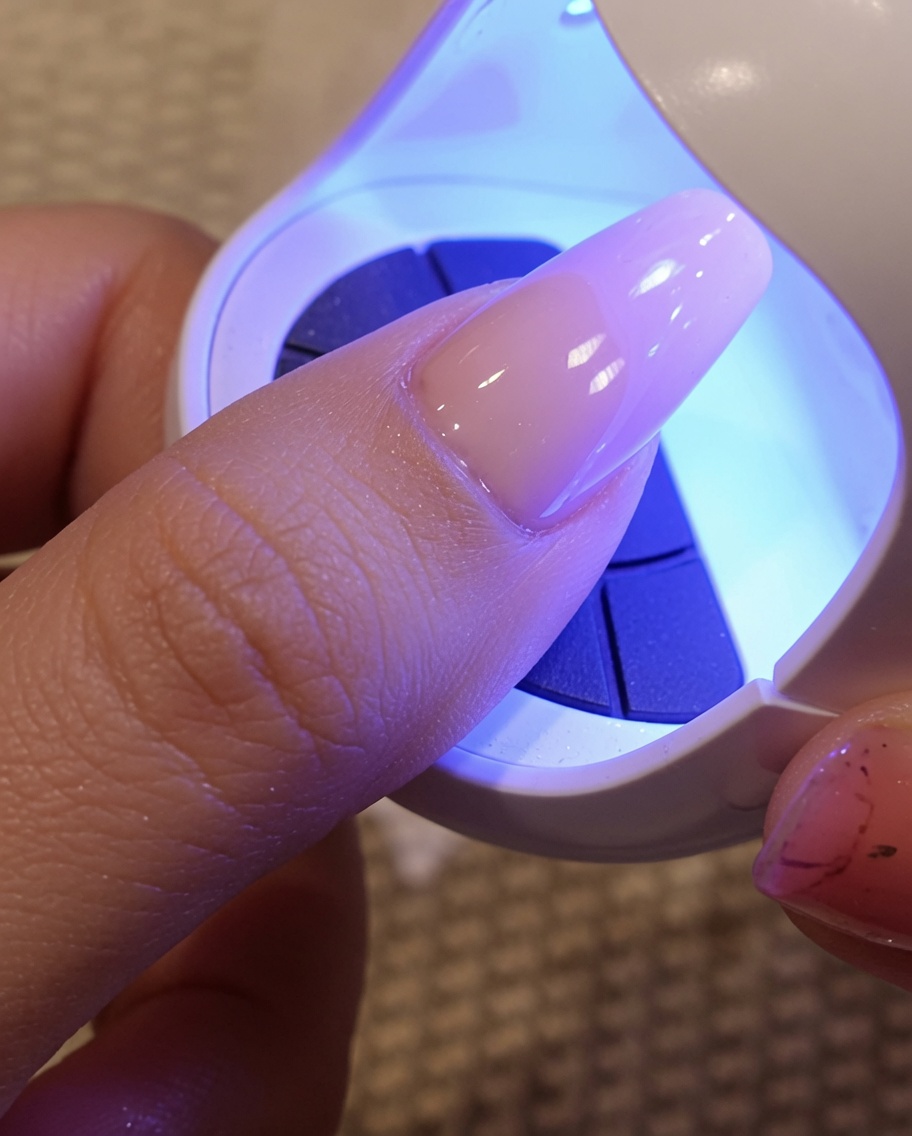 Ein Nagelpinsel trägt einen klaren, viskosen Top-Coat-Lack über eine hellbraune Basisfarbe auf, was ein feuchtes und glänzendes Finish hinterlässt.