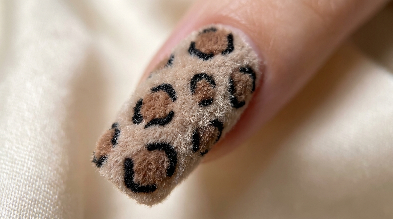 Texturiertes, flauschiges Leoparden-Nageldesign mit hellbrauner Basis, kaffeefarbenen Punkten und schwarzen Umrandungen.