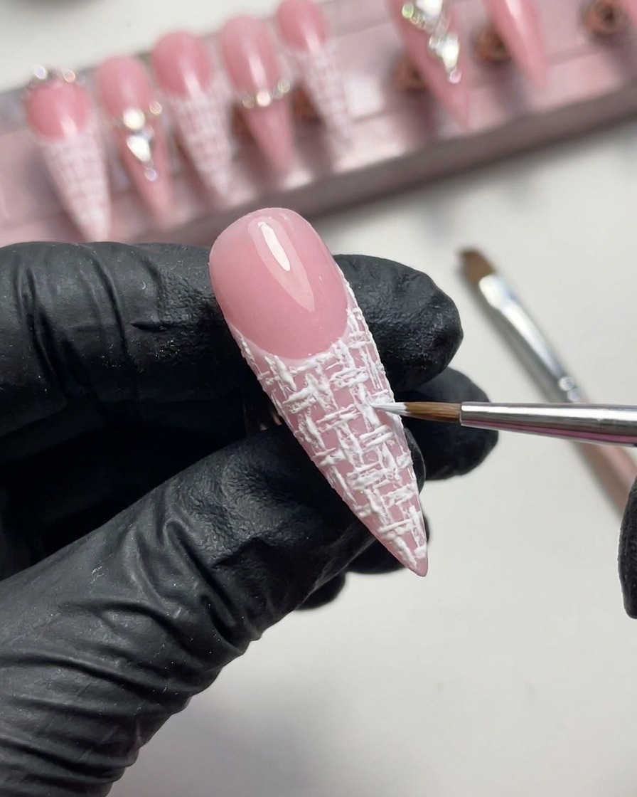 Nahaufnahme, wie eine klare, erhabene weiße Linie aus Plaster-Gel entlang der Smile-Line aufgetragen wird.