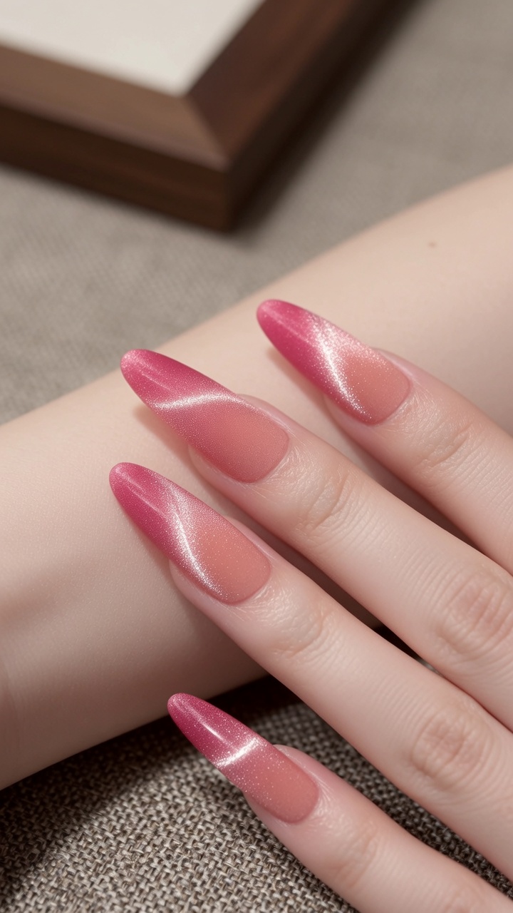 Pfirsichfarbene Velvet-Cat-Eye-Nägel mit Farbverlauf – Elegante DIY-Anleitung