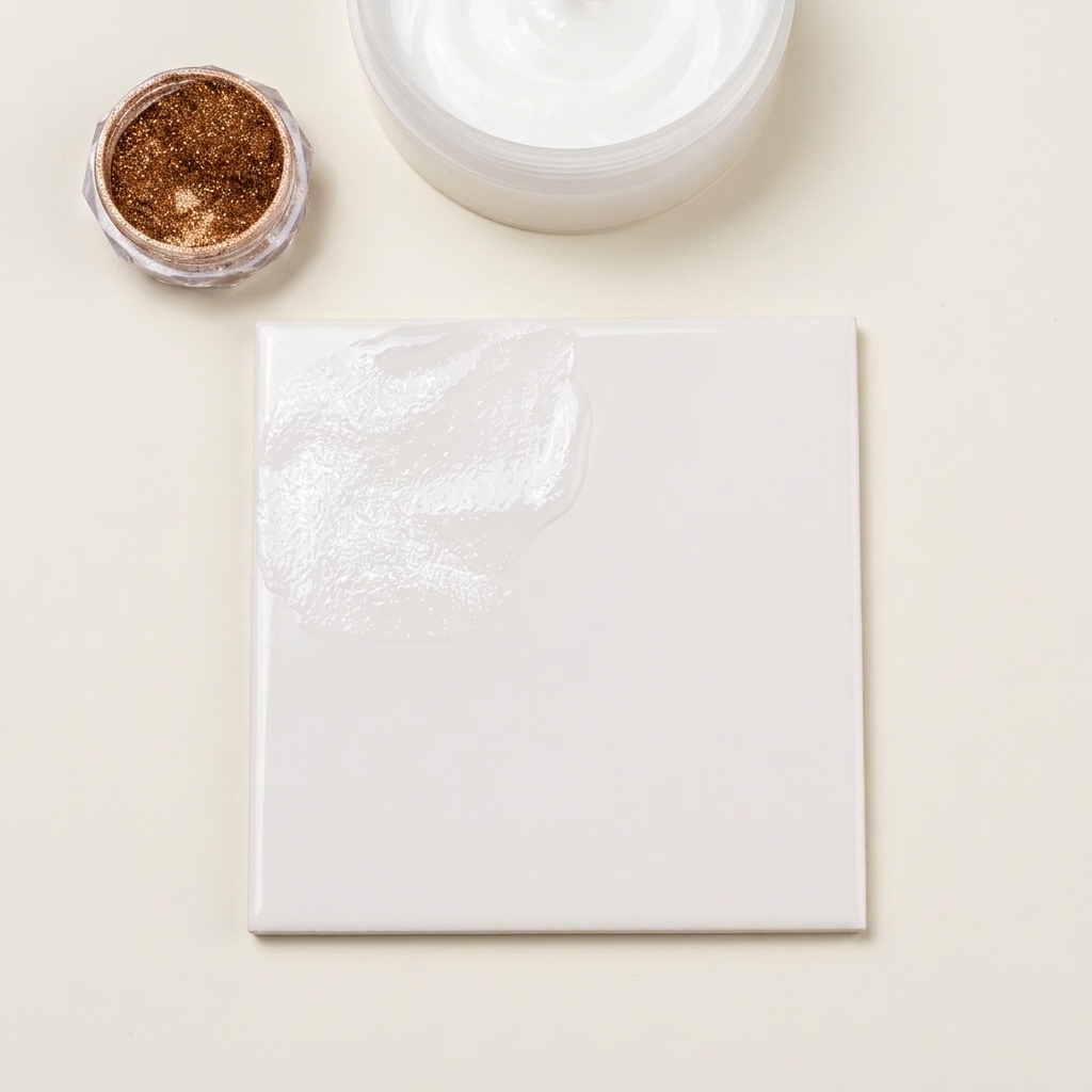 Ein kleiner Haufen Kristallpuder auf einer Palette neben einem Gefäß mit Kupfer-Spiegelpuder.