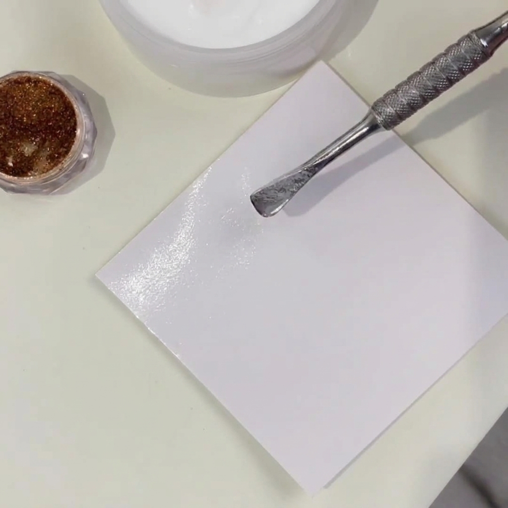 Nahaufnahme eines Metall-Nagelhautschiebers beim Verrühren von Kristall- und Bronzepuder auf einer weißen Palette.