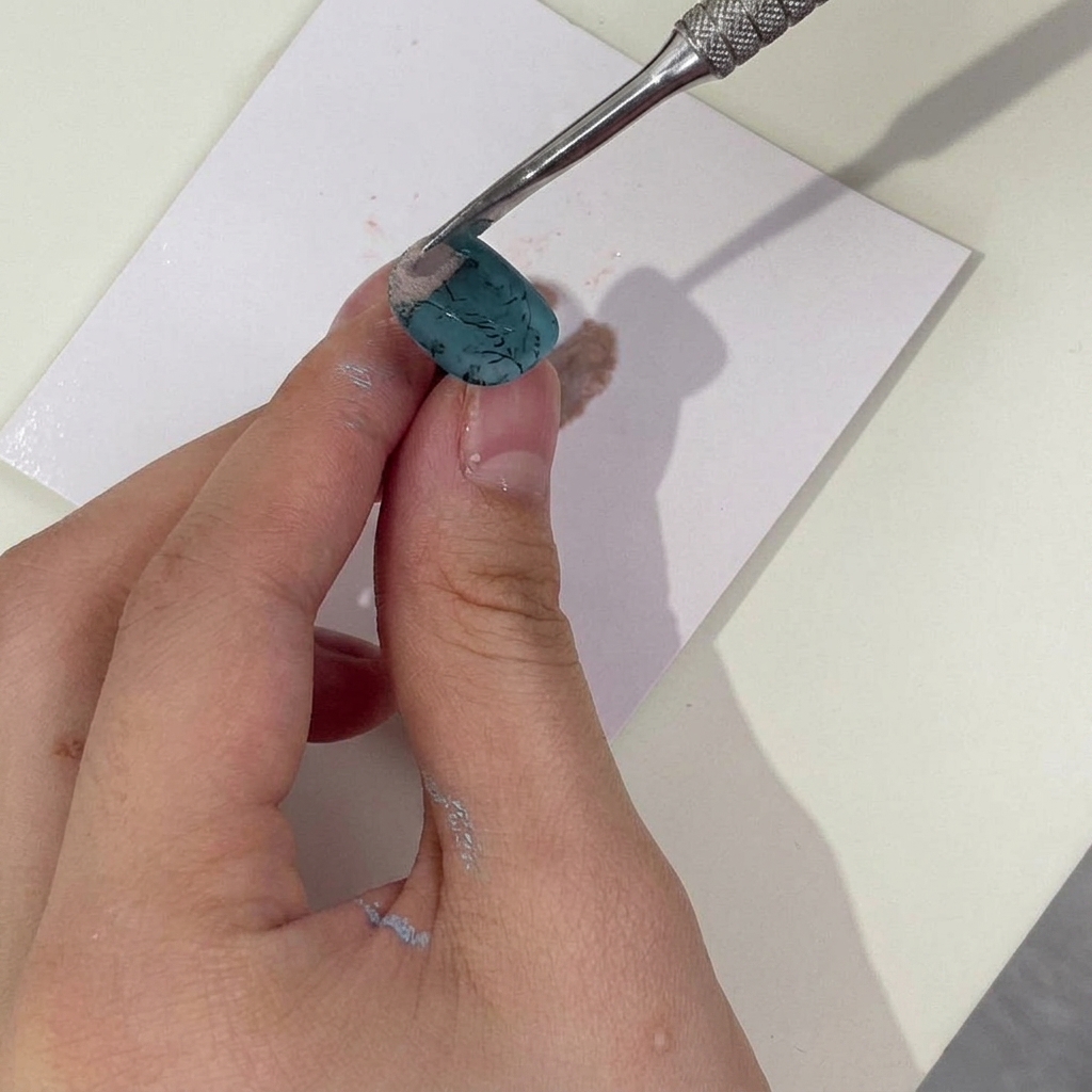 Ein Metallwerkzeug streut eine Mischpuder-Schicht über ein frisches, schwarzes Blumen-Stamping.