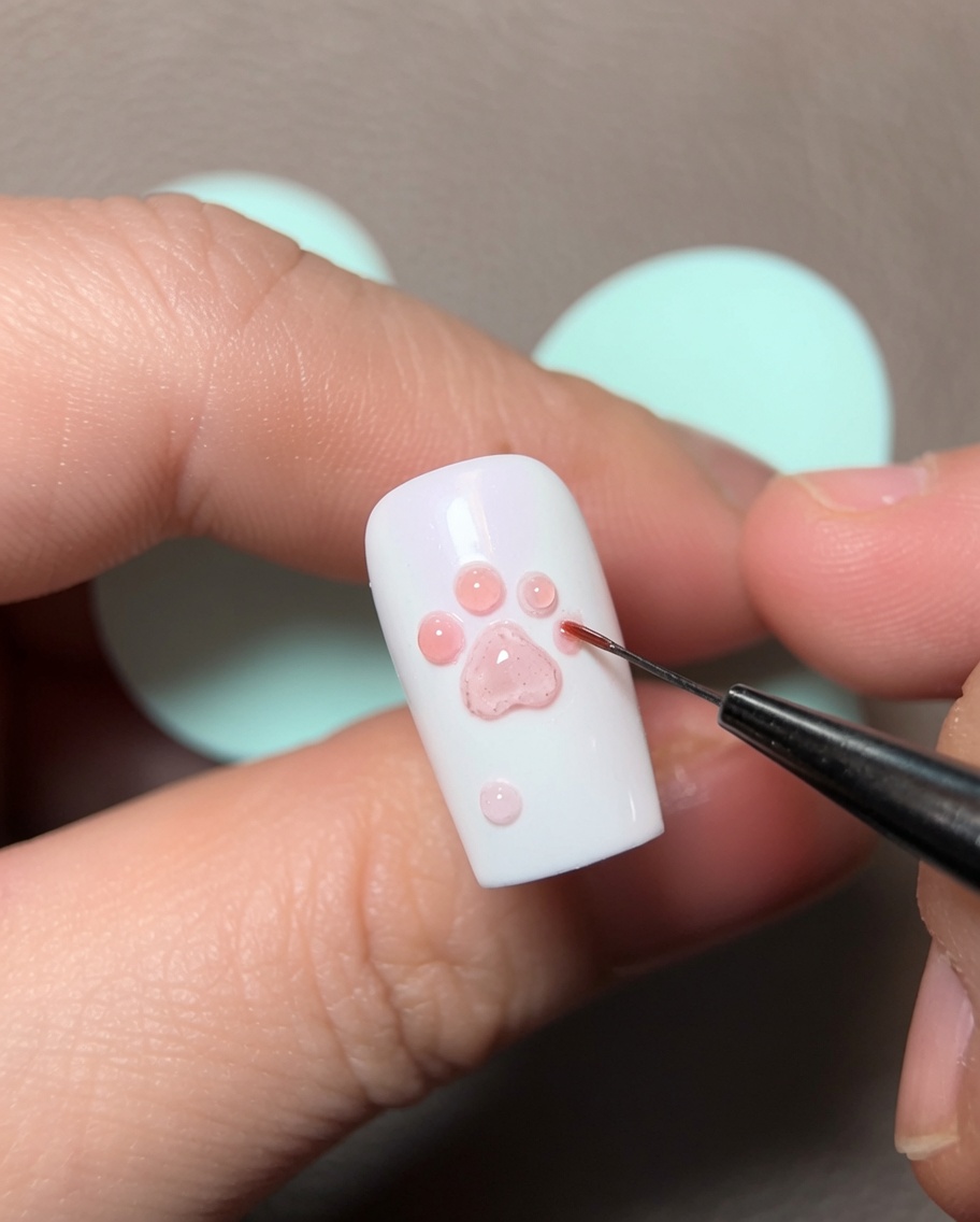 Ein dünner Liner-Pinsel formt vorsichtig die Kanten einer rosafarbenen 3D-Gel-Pfote auf einem weißen Nagel.