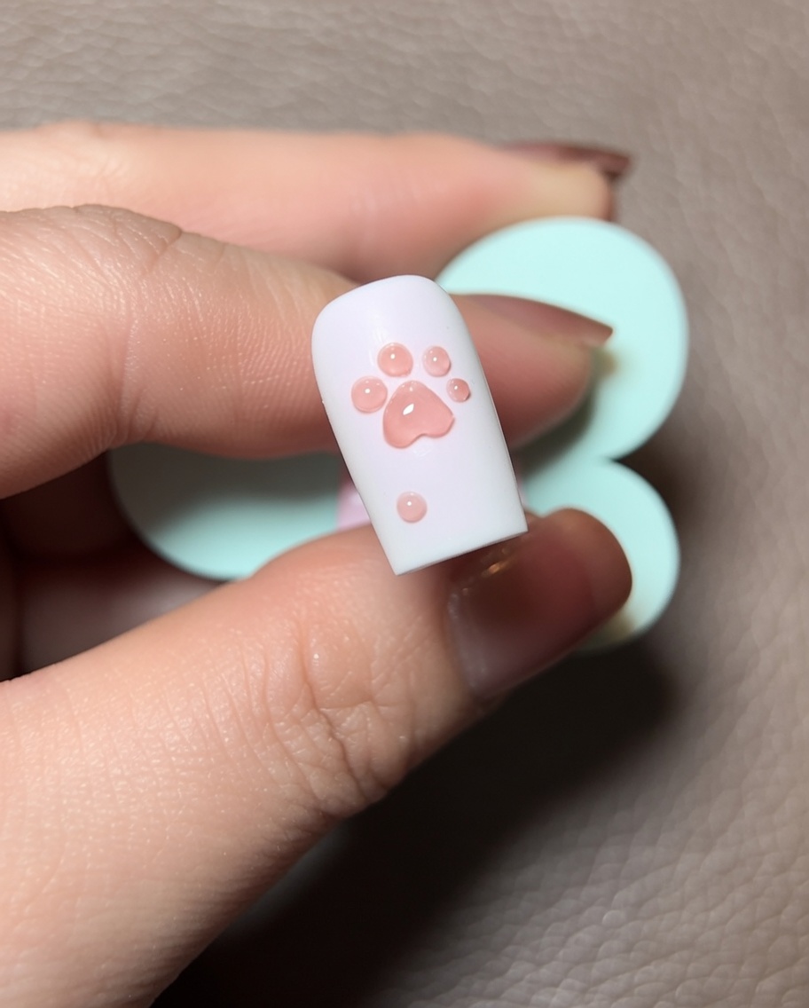 Ein feiner Pinsel trägt eine dünne Linie rotes Katzenaugen-Gel um den Rand der 3D-Gel-Pfote auf.