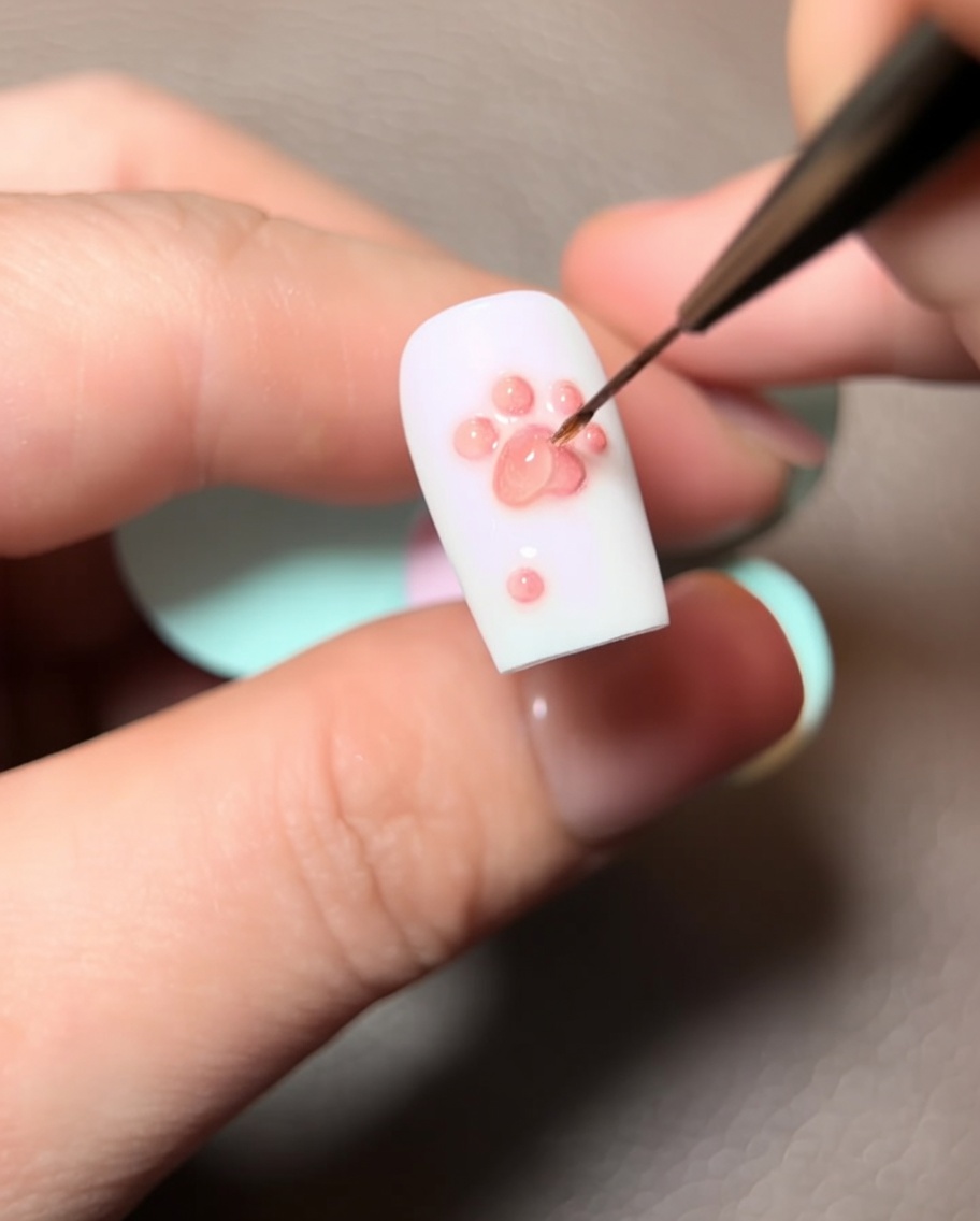 Ein Nagel wird unter eine kleine UV-Lampe gelegt, wobei das 3D-Pfotendesign im Fokus steht.