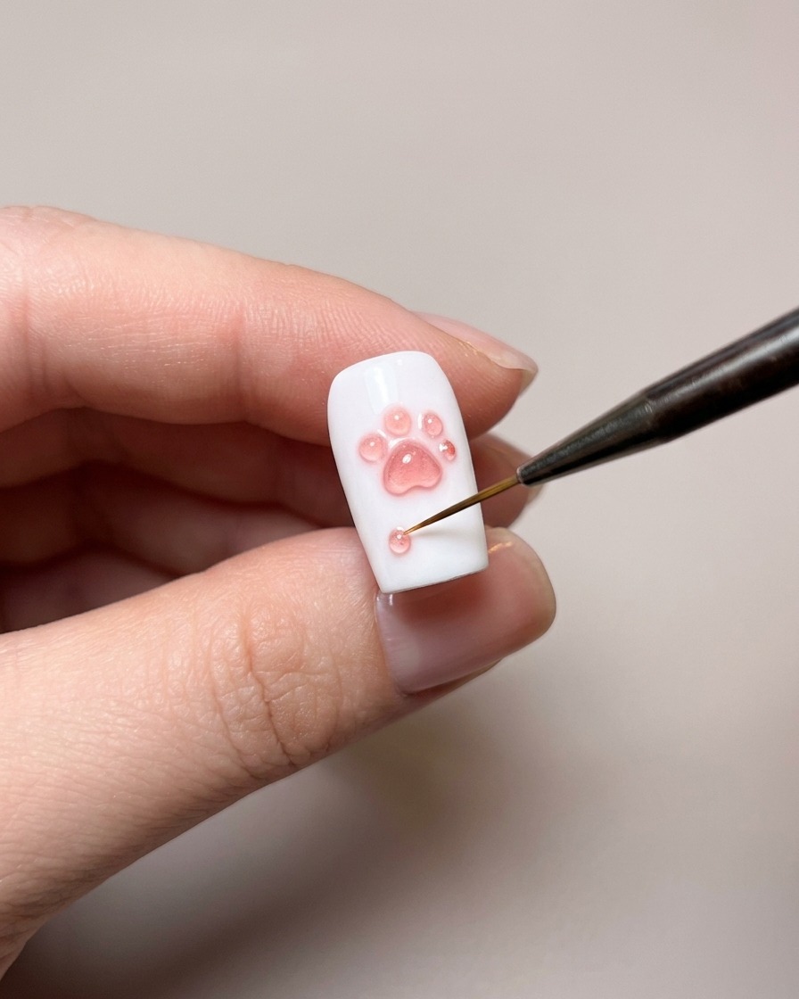 Ein fein gespitzter Pinsel trägt klaren Base Coat auf den Hintergrund des Nagels auf, wobei die erhabene Pfote ausgespart wird.