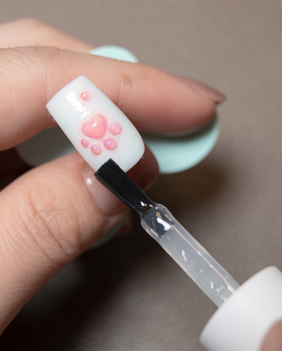 Ein Nagel mit frisch aufgetragenem, nicht ausgehärtetem Base Coat um ein 3D-Pfotendesign, bereit für das Puder.