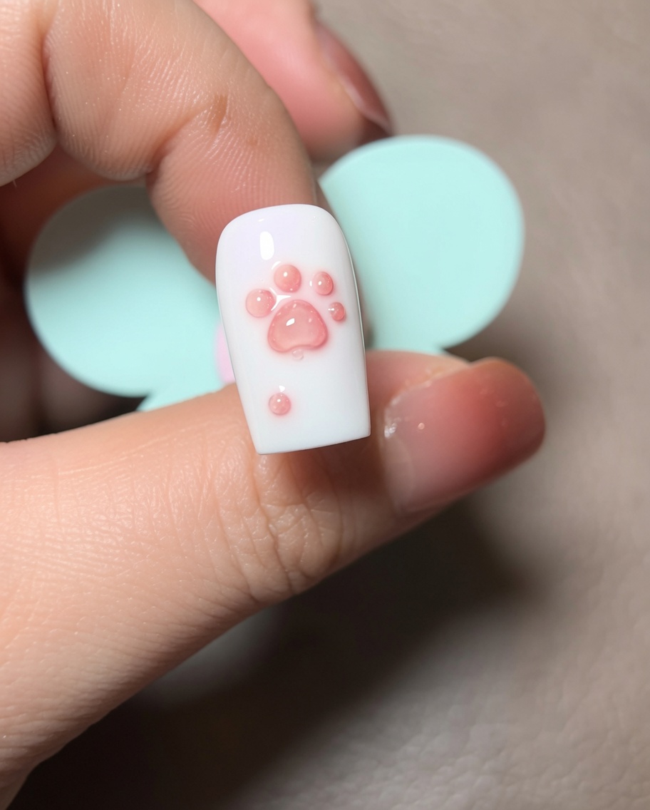 Nahaufnahme eines Fingers, der einen weiß grundierten Nagel mit 3D-Pfote in einen Topf mit weißem Flocking-Puder taucht.