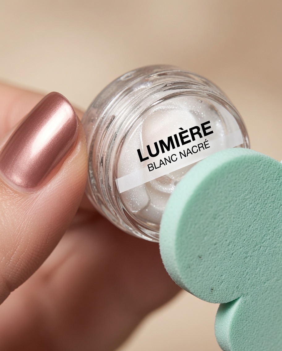 Nahaufnahme eines kleinen Behälters mit weißem Flocking-Puder, im Hintergrund ist ein Nagel zu sehen.