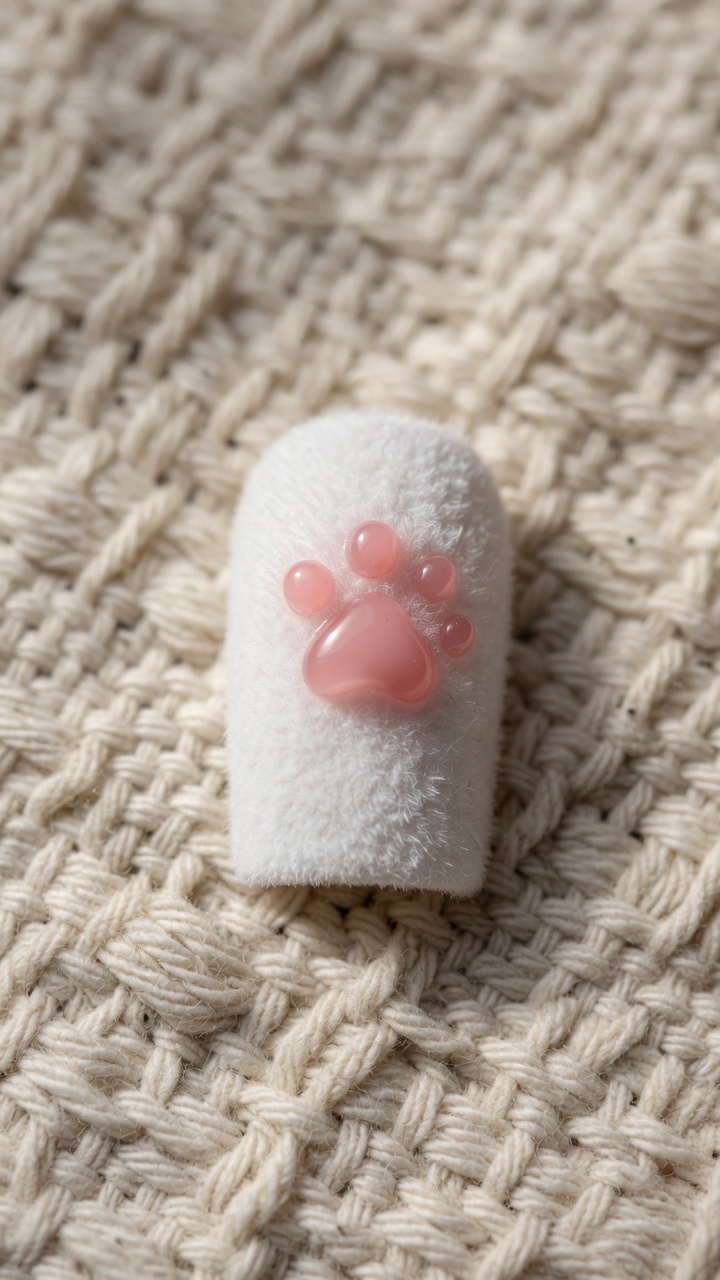 Eine detaillierte Nahaufnahme eines weißen, texturierten Nagels mit einem weichen, rosafarbenen 3D-Katzenpfoten-Design.