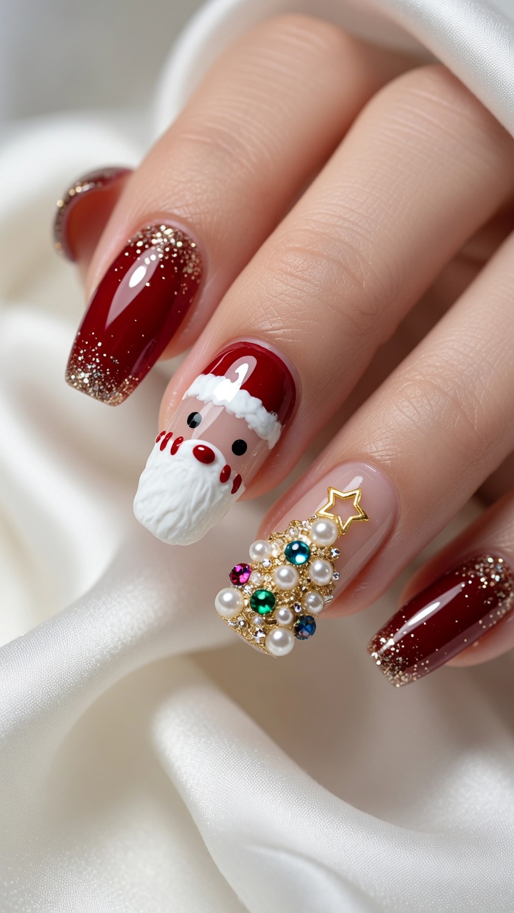 Festliches Weihnachts-Maniküre-Tutorial: Santa und 3D-Tannenbaum